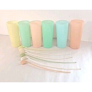 Vintage Tupperware Set Of 6 Ice Tea Cups Tumblers W/ Spoons Pastel